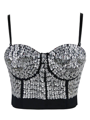 Steampunk Punk B Cup Sequins Beaded Push Up Bra Tops Silver