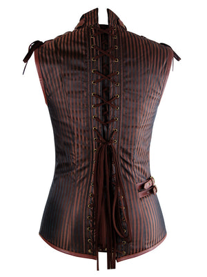 Men's Steampunk Spiral Steel Boned Stripe Waistcoat Vest with Chain Brown Back View