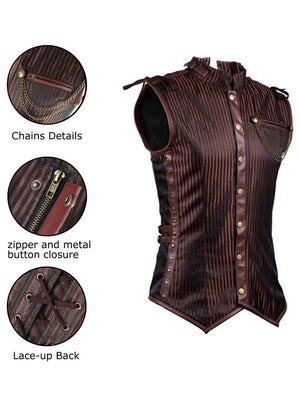 Men's Gothic Spiral Steel Boned Overbust Stripe Waistcoat Vest with Chain Brown Detail View