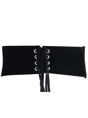 High Quality Casual All-match Black Elastic Waist Belt Women Suede Corset Belt Waist Cincher Slimming Lace Up Corset Belt Back View