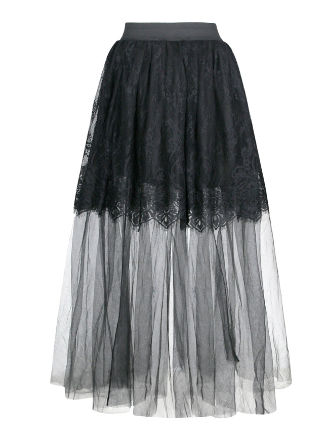 Gothic Multi-layered Sheer Mesh Long Tulle Pleated Maxi Skirt