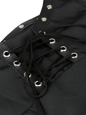 Women's Steampunk Rivet Lace Up Sleeveless Patchwork Chiffon Crepe Blouse Top Black Detail View