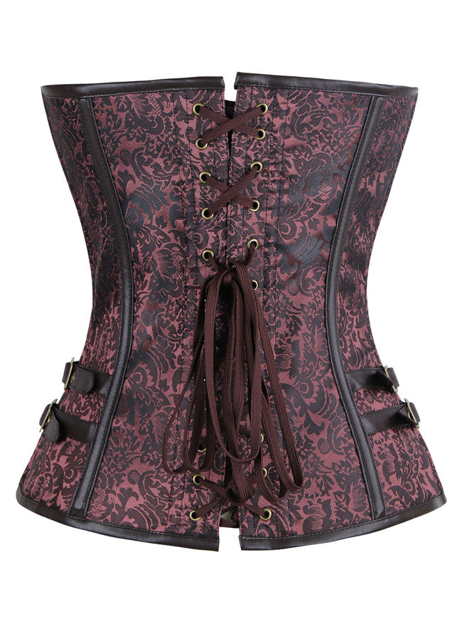 Women's Steampunk Brocade Spiral Steel Boned Corset with Buckles Brown Back View