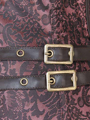 Women's Elegant Brocade Spiral Steel Boned Corset with Buckles Brown Detail View