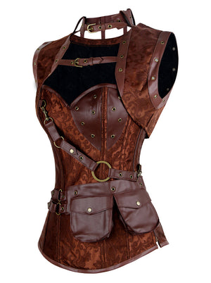 Women's Steampunk Spiral Steel Boned Brocade High Neck Corset with Jacket and Belt Brown Side View