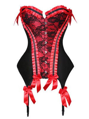 Burlesque Lace Satin Ruffles Trim Bustier Top with Garters Valentines Costume Corset