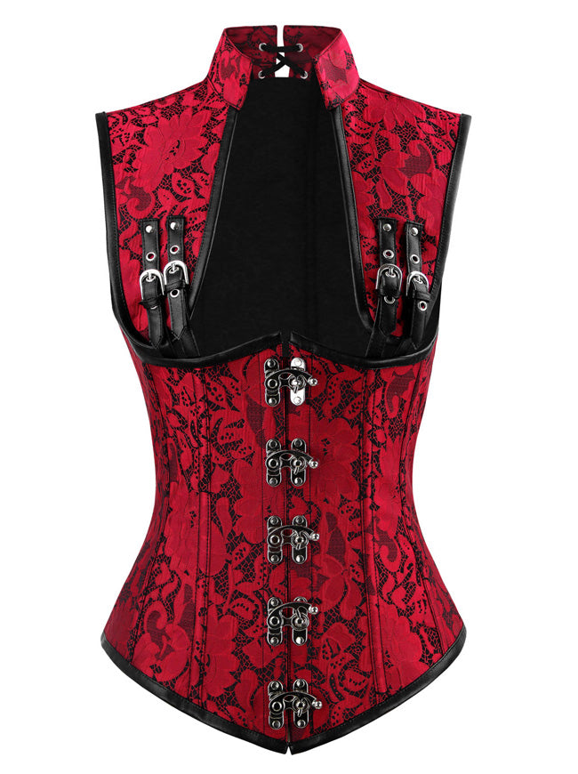 Women's Fashion Renaissance Steel Boned Underbust Corset Vest with Shrug Red Detail View