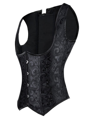 Women's Fashion Spiral Steel Boned Jacquard Waist Cincher Halloween Corset Vest Black Side View