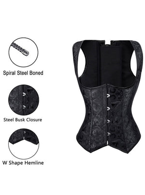 Gilet corsetto sottoseno a clessidra in jacquard disossato in acciaio a spirale gotica da donna.Vista dettagli neri