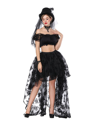 2 Pcs Halloween Costume Sexy Steampunk Off Shoulder Crop Top with High Low Skirt Set