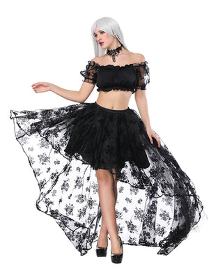 2 Pcs Halloween Costume Sexy Steampunk Off Shoulder Peasant Crop Top with Organza Skirt Set