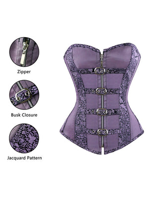 Women's Elegant Jacquard Zipper Corsets Bustiers with Buckles Purple Detail View