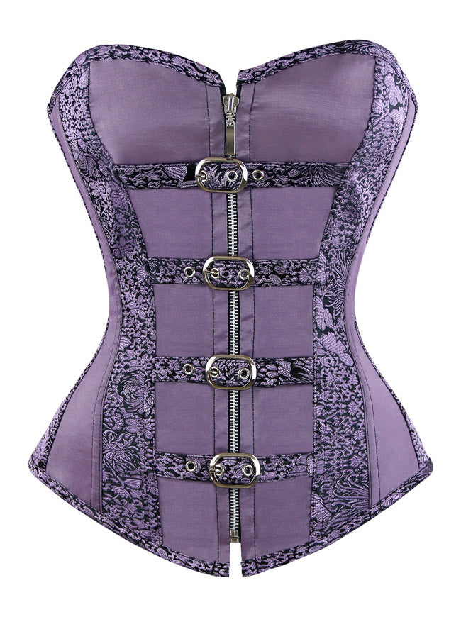 Women's High Quality Jacquard Overbust Corsets Bustiers with Buckles Purple Detail View