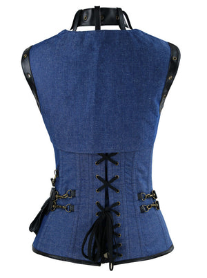 Steampunk الأزرق عصر النهضة رخيصة الشرير القوطي الحزام الصلب الجوفاء المخصر overbust هالوين أعلى عرض الظهر