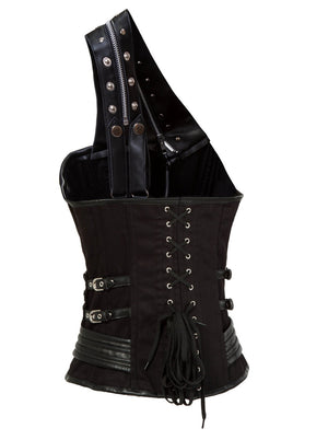 Steampunk Gothic Leather Zipper Steel Boned Heavy Duty One-shoulder Rock Black Overbust Punk Retro Corset Back View