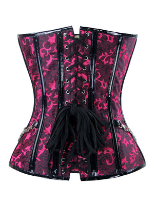 Steampunk Retro Brocade Boned Lace Up Overbust Corset with Buckles and Chains Back View