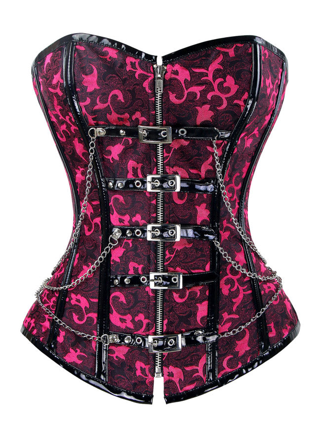 Steampunk Retro Brocade Boned Lace Up Overbust Corset with Buckles and Chains Back View