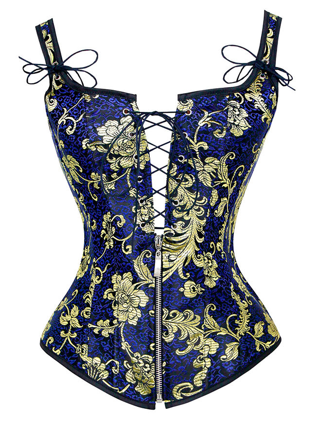 Handmade boned corset top in blue and white stripe and French Toile De Jouy  with lace up back