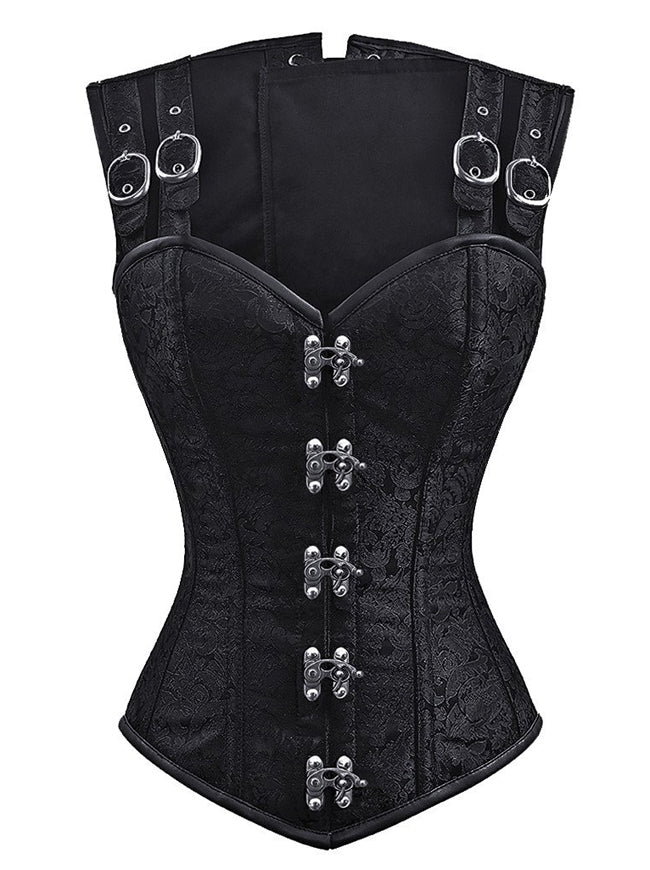Women's High Quality Brocade Steel Boned Waist Cincher Vest Corset Black Detail View