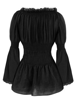 Black Elegant Lace Off Shoulder Long Sleeve Elastic Waist Blouses Top