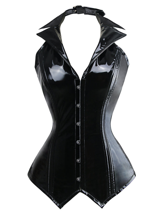 Women's Steampunk PU Leather Rockabilly Halter Steel Boned Bustier Vest Corset Black Back View