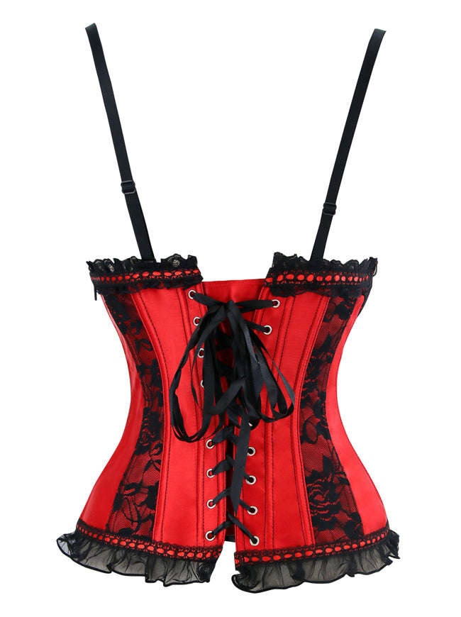 Women's Gothic Halter Satin Lace Boned Wedding Bustier Corset Lingerie Top with Straps Red Back View