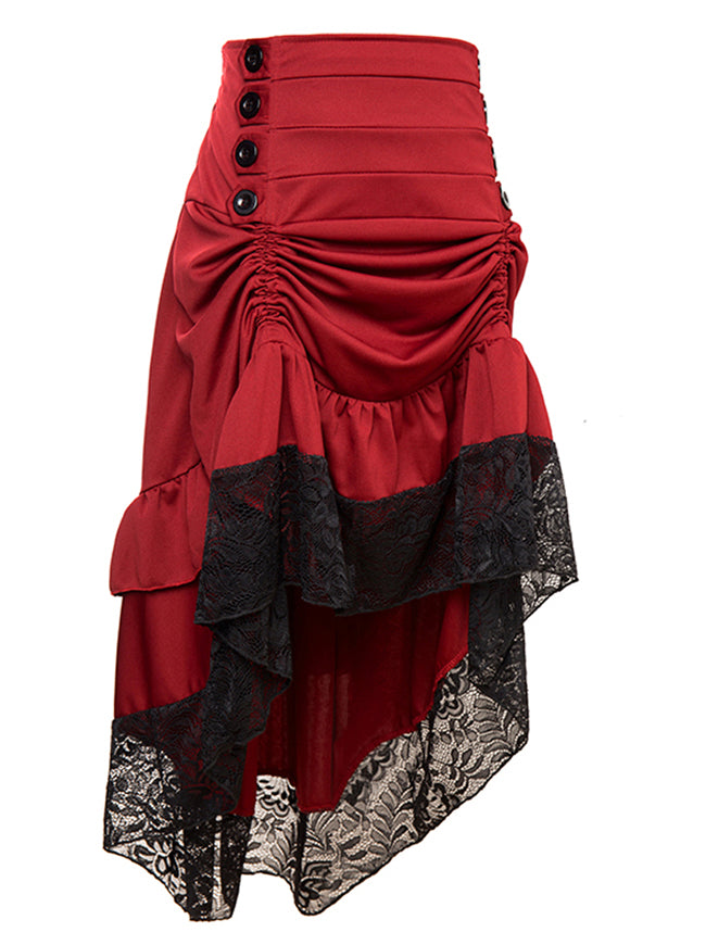 Steampunk Victorian Gothic High Waist Lace Trim Ruffled High Low Cyberpunk Skirt Side View
