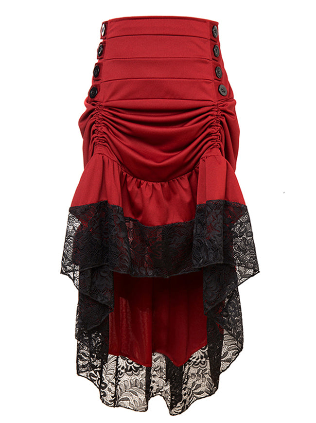 Steampunk Victorian Gothic High Waist Lace Trim Ruffled High Low Cyberpunk Skirt