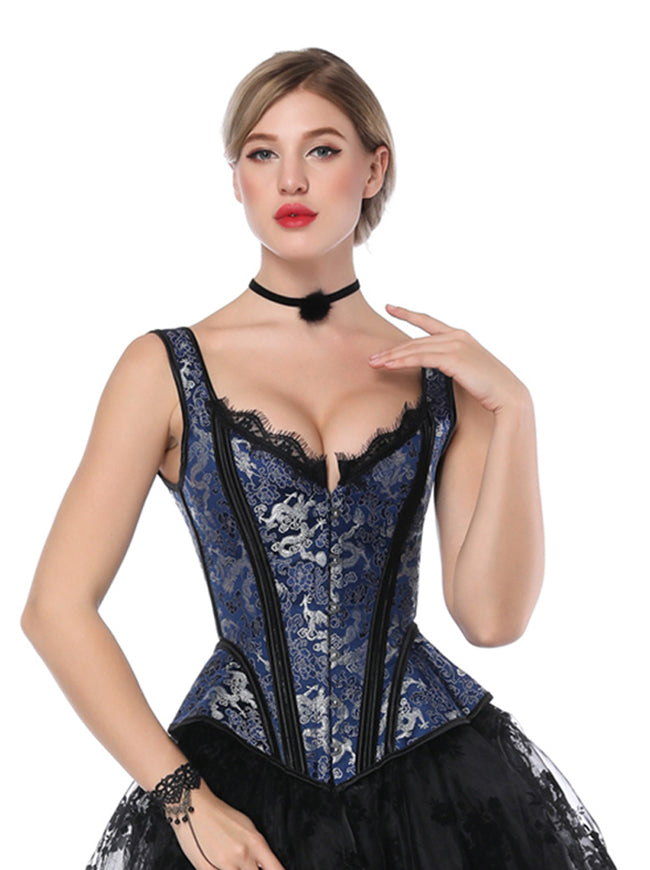 Victorian Gothic Jacquard Bustier Overbust Corset with Straps