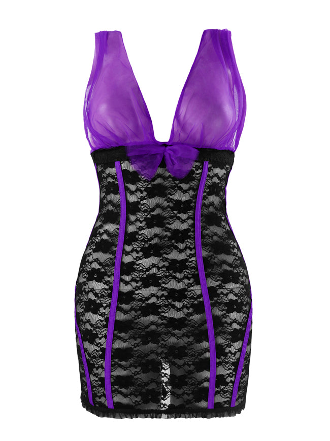 Women's Retro Lace Halter Babydoll Sleepwear Chemise Lingerie with Garters Purple Main View