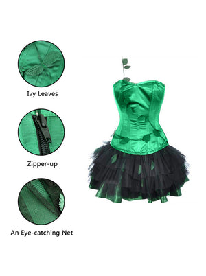 Corset Overbust élégant à lacets et fermeture éclair pour femme avec jupe vue de détail verte