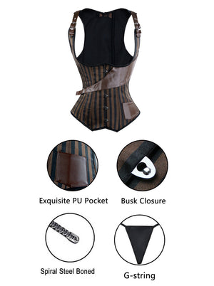 Women's Vintage Stripe Spiral Steel Boned Underbust Pirate Corset Vest with PU Pocket Brown Detail View
