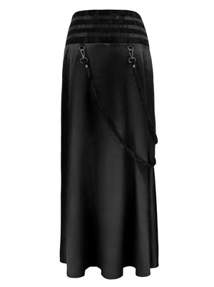 Victorian Gothic Satin Ruffled Zipper Strappy High Waist Maxi Skirt