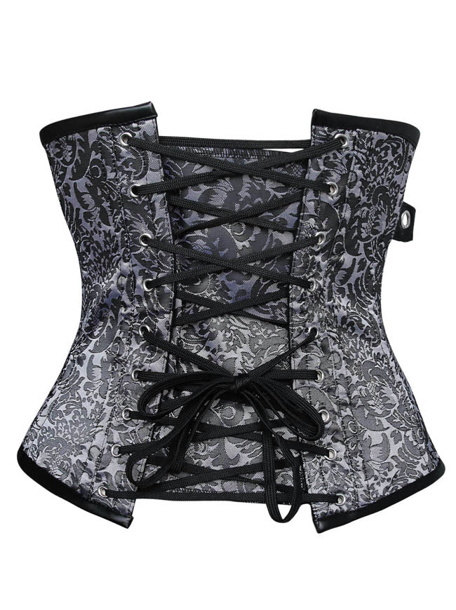 Fashion Hot Selling Burlesque High Quality Lady Black Jacquard Punk Steampunk Lace Up Waist Cincher Underbust Corset Tops Back View