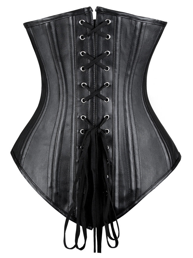 Classical Vintage Women Black Faux Leather Gothic Steampunk Plastic Boned Strapless Lace Up Waist Cincher Underbust Corset Tops Back View