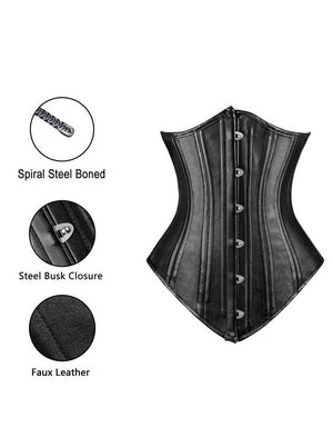 Classical Vintage Black Faux Leather Rock Steampunk Lace Up Clubwear Dance Underbust Corset Tops Detail View