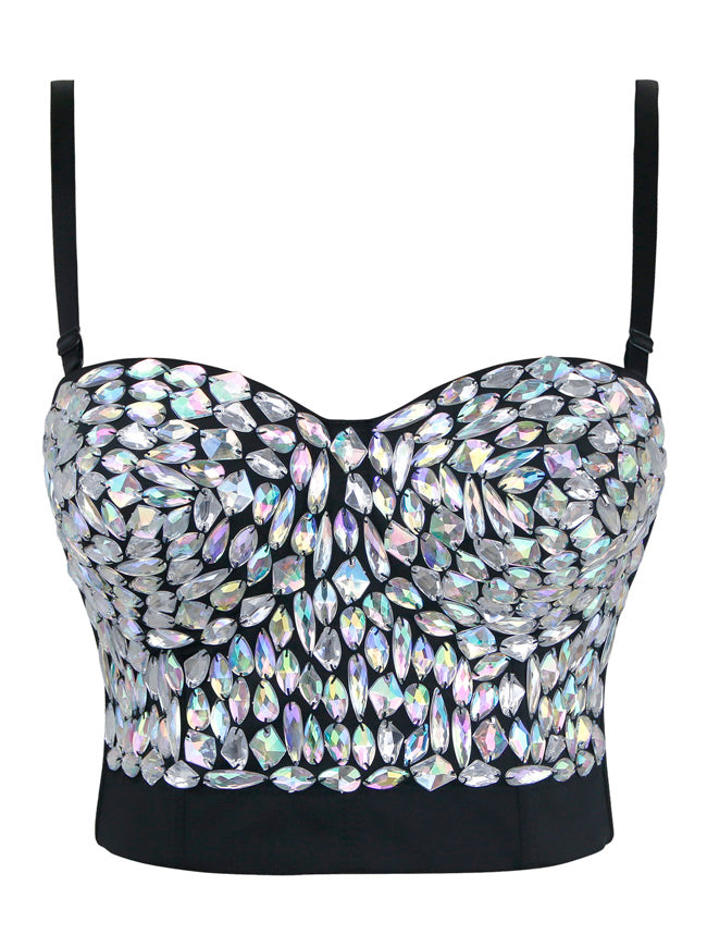 Solid Color Rhinestone Beaded Push Up Bra Studded Gem Clubwear Party Bustier Crop Top Main View