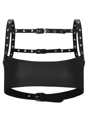 Women's Accessories Gothic PU Leather Body Harness Adjustable Strappy Hollow Out Cupless Tank Cage Bra Black Back View