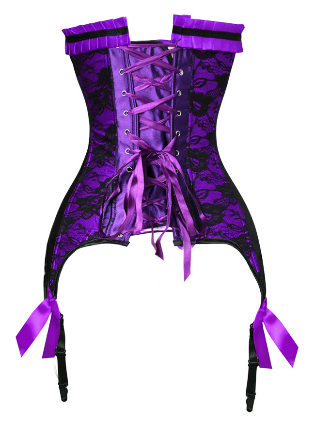 Women's Burlesque Lace Satin Ruffles Trim Overbust Corset with Garters Purple Back View