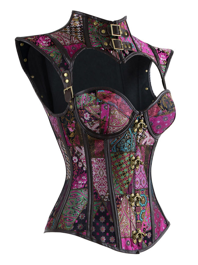 Women's Victorian Steel Boned Faux Leather Jacquard Push Up Overbust Corset with Shrug Purple Side View