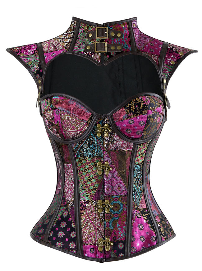 Women's Hot Sale Steel Boned Faux Leather Jacquard Cosplay Corset with Shrug Purple Detail View