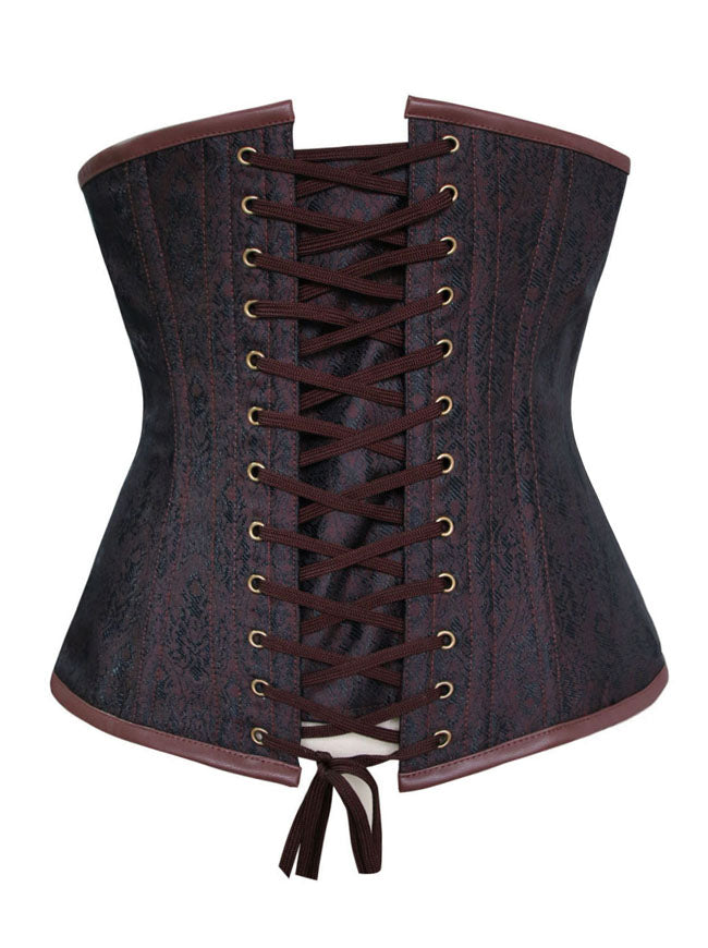 Classical Vintage Burlesque High Quality Lady Brown Jacquard Gothic Steampunk Clasp Closure Steel Boned Strapless Lace Up Underbust Corset Tops Back View