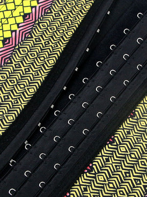 Women's 9 Steel Boned Latex Hooks Geometric Pattern Hourglass Slimming Underwear Black Detail View