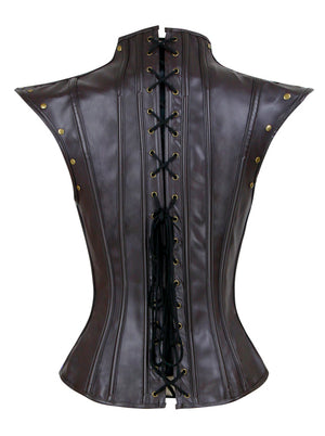 Women's Victorian Steel Boned Faux Leather Jacquard Push Up Overbust Corset with Shrug Blue Main View