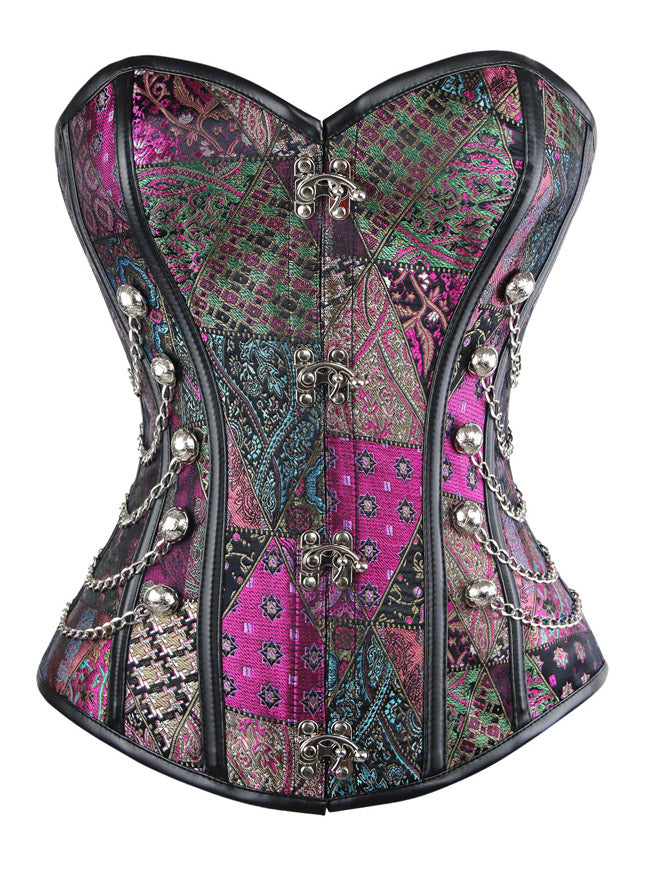Women's Gothic Jacquard Spiral Steel Boned Busk Closure Overbust Corset with Chains Purple Back View