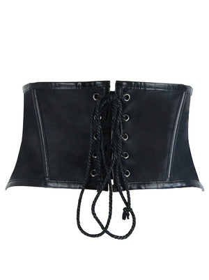 Women's Steampunk Faux Leather Underbust Wide Corset Waist Belt Black Back View