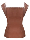 Women's Gothic Rivet Lace Up Sleeveless Patchwork Chiffon Crepe Blouse Top Brown Back View