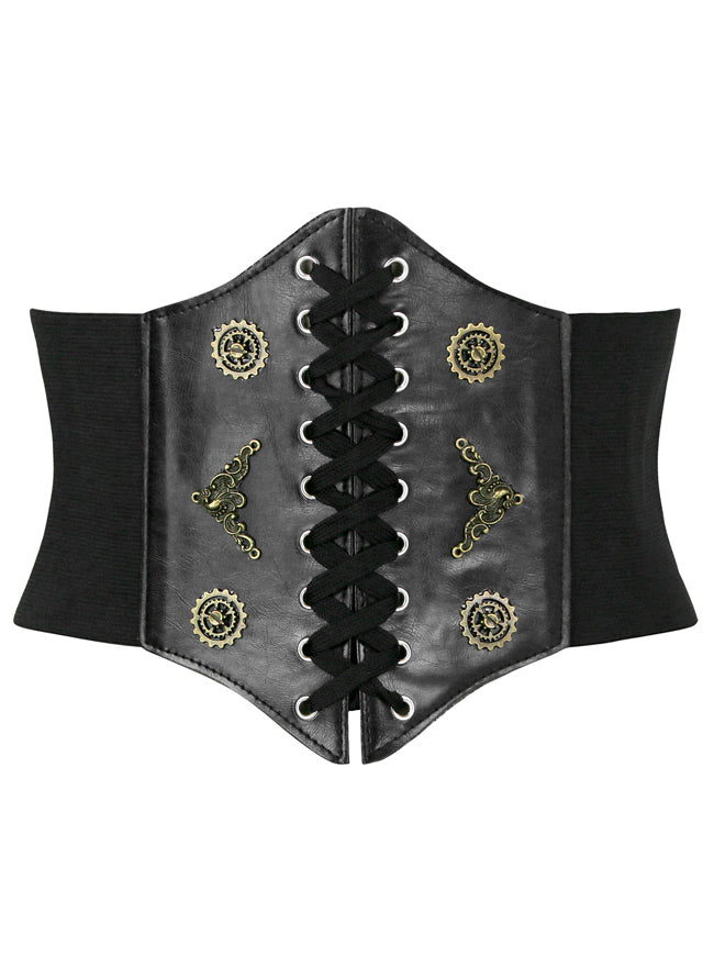 Classical Vintage Punk Gothic Waistband Stretchy Cinch Faux Leather Waist Belt Detail View
