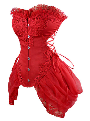 女性のゴシックストラップレス花刺繡メッシュパーティービスチェコルセット、レーススカート赤い側面図
