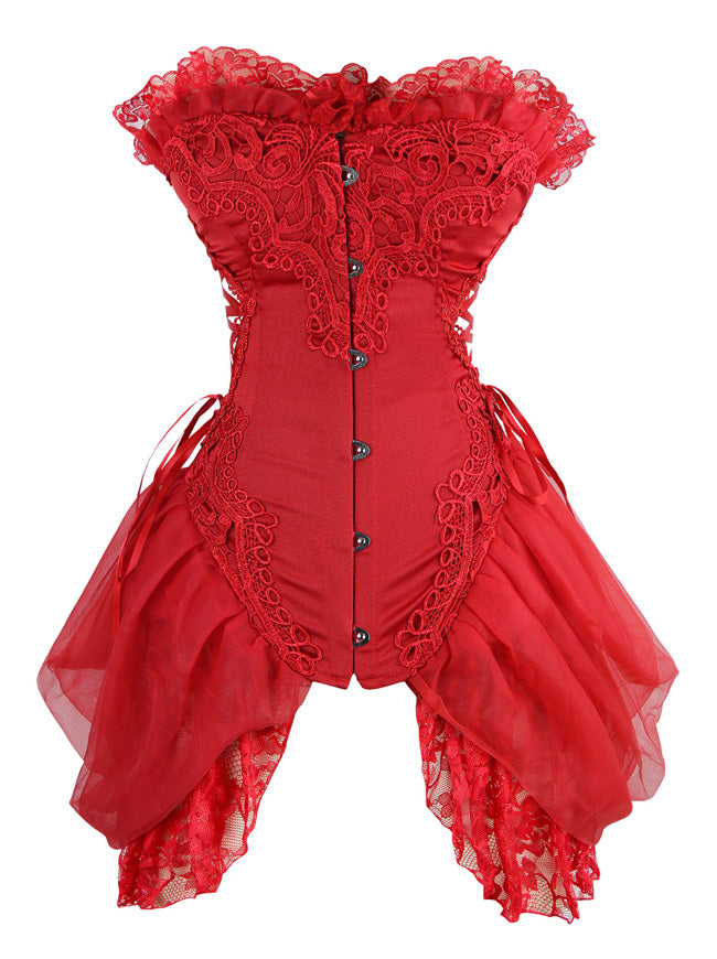 Women's Gothic Strapless Floral Embroidery Mesh Party Bustier Corset with Lace Skirt Red Side View